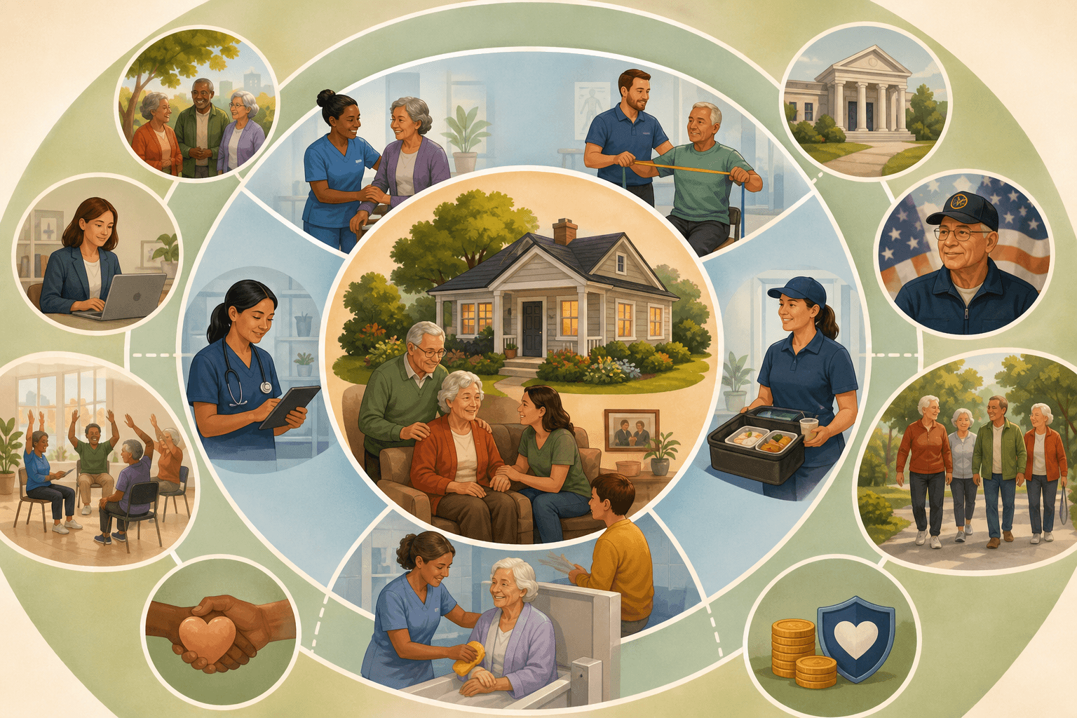 A cozy home at the center of concentric rings representing family care, professional services, and community programs working together.