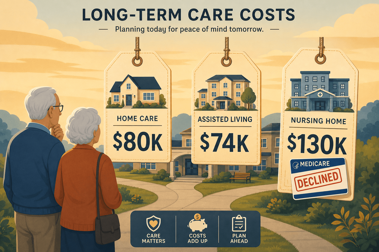 A flat editorial illustration showing an elderly couple looking at three labeled price tags for home care, assisted living, and nursing home, with a Medicare card crossed out.