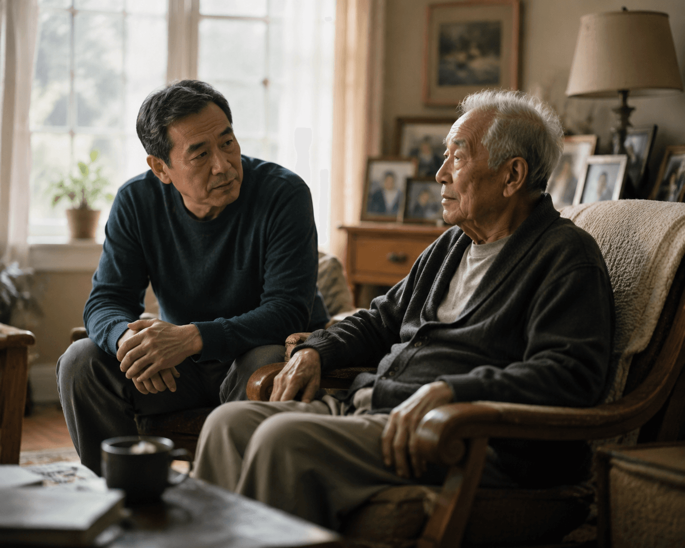 An adult child sits calmly beside an older parent in a living room after a fall