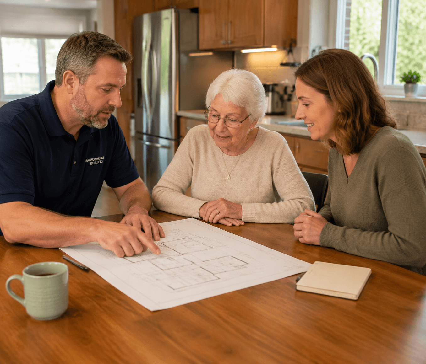 Adult daughter, older mother, and contractor reviewing a blueprint for home safety modifications