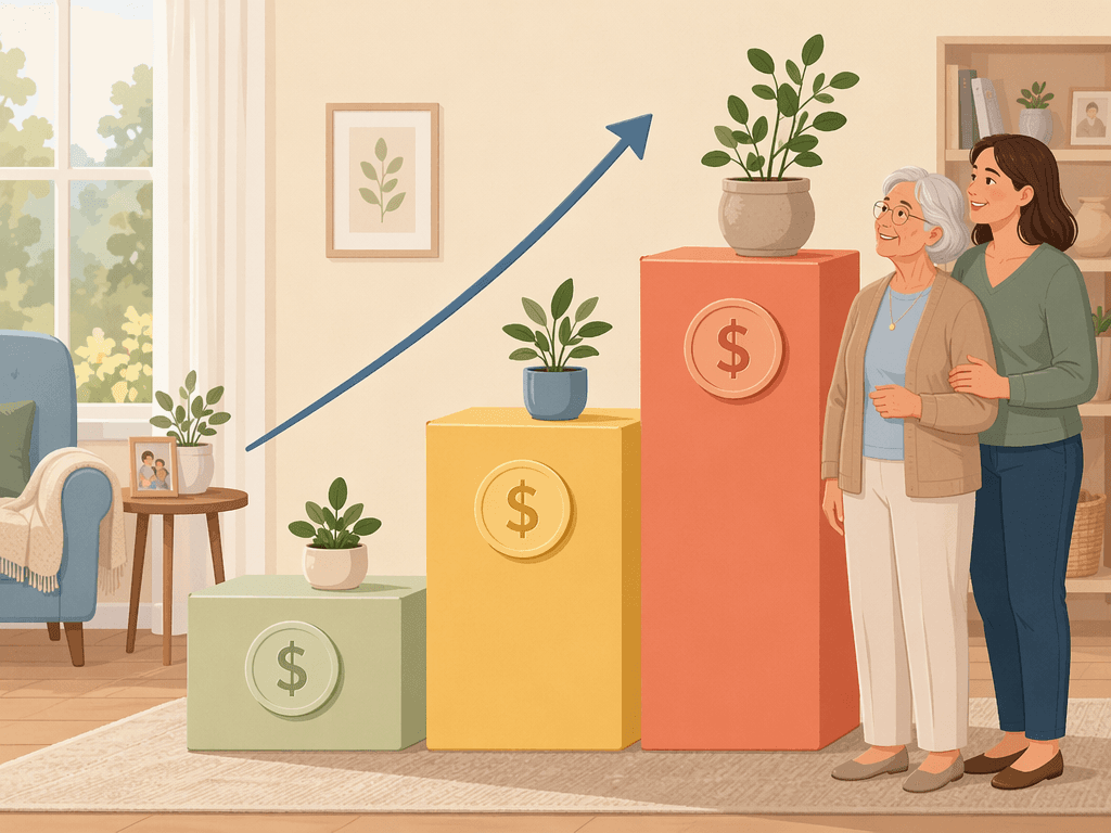 A vector illustration of three ascending stepped blocks representing assisted living care tiers: a low light-green Level 1 block, a medium warm-yellow Level 2 block, and a tall soft-coral Level 3 block, with subtle coin symbols suggesting increasing monthly costs and a gentle upward arrow alongside.