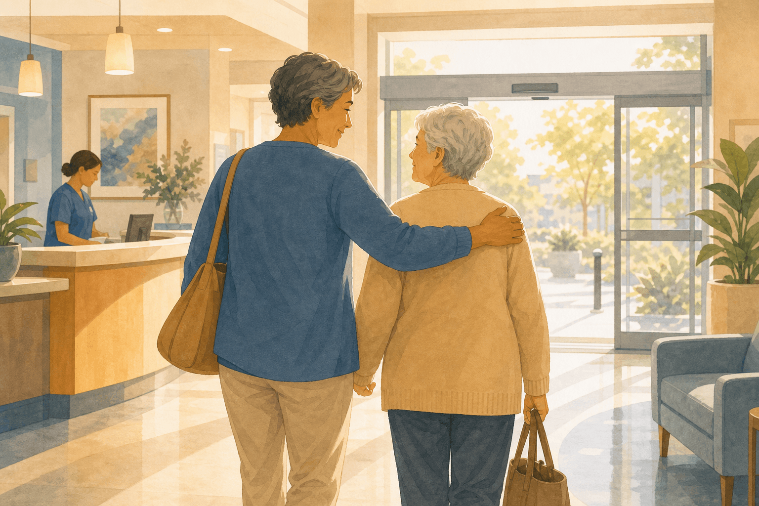 An adult child and their older parent walk together through a hospital lobby toward a bright exit doorway.