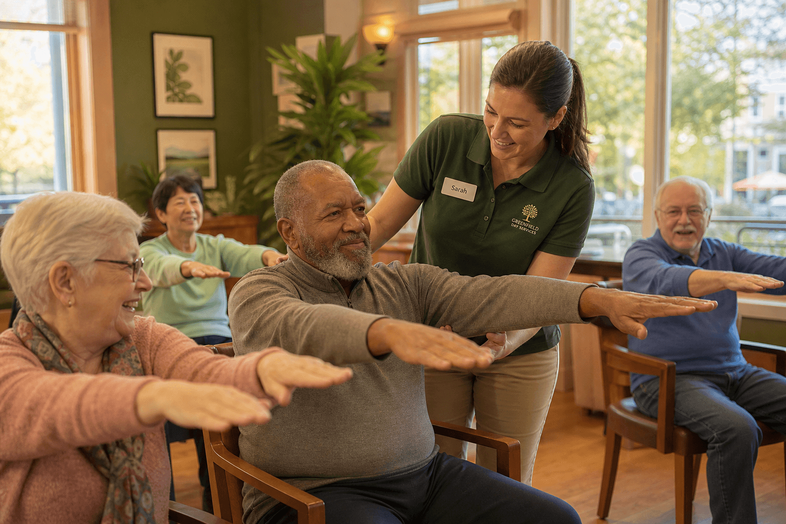 Bright sunlit adult day services center with diverse older adults engaged in a gentle seated group activity, a staff member assisting, warm earth tones, natural light from windows, conveying community and professional care.