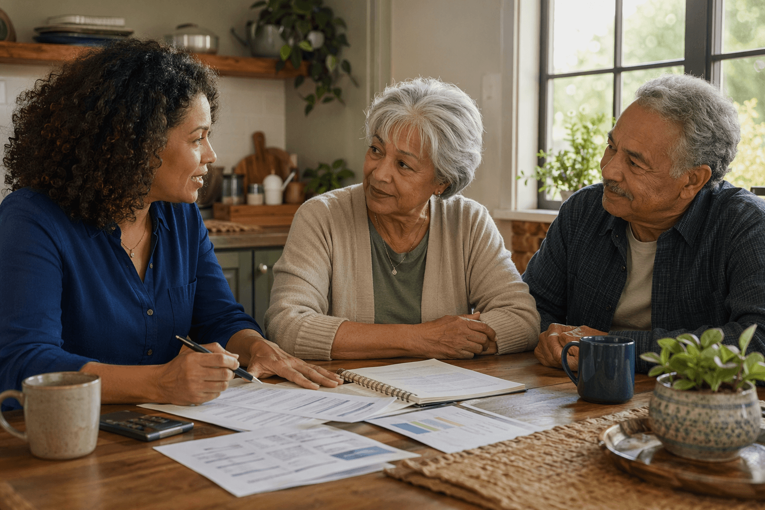 An adult daughter in her 40s sits at a kitchen table with her elderly parents, papers and a notebook spread before them, engaged in a calm conversation about future planning.