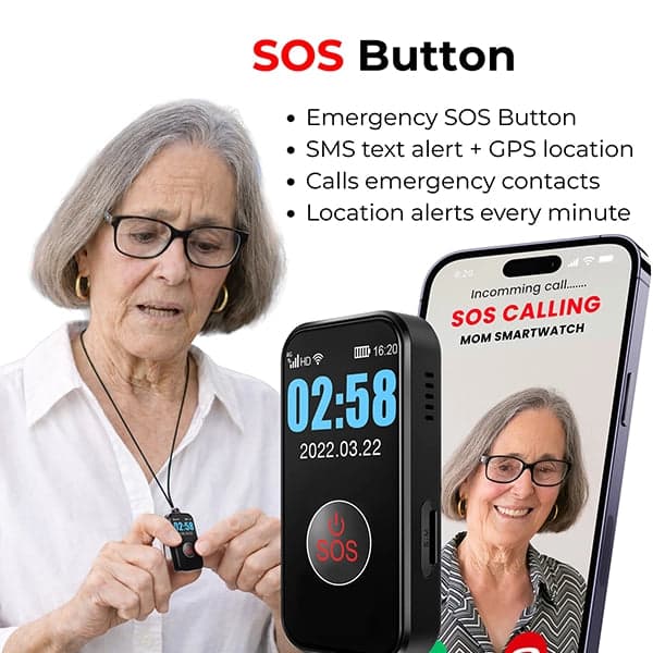 A wearable medical alert pendant with an SOS button and speakerphone, designed for seniors to call for help in an emergency.