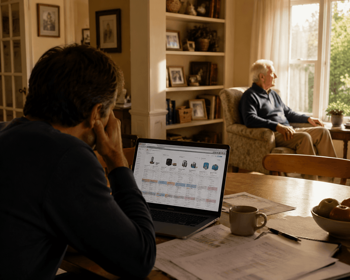 Older adult relaxing at home while an adult child researches monitoring system comparisons on a laptop