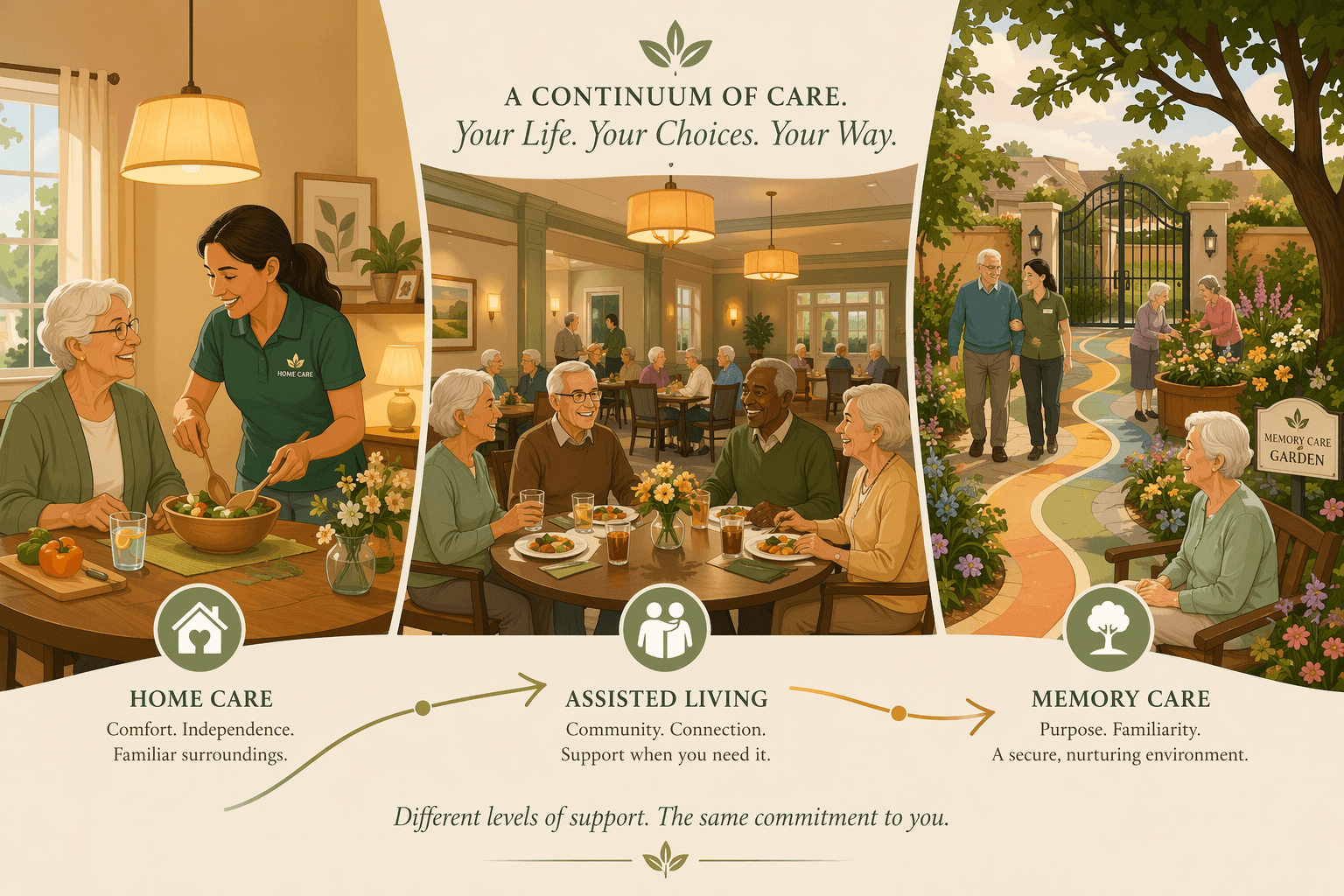 A warm editorial vector illustration showing a three-part care continuum: a senior at home with a home care aide, an assisted living dining room with socializing residents, and a memory care garden with color-coded paths.