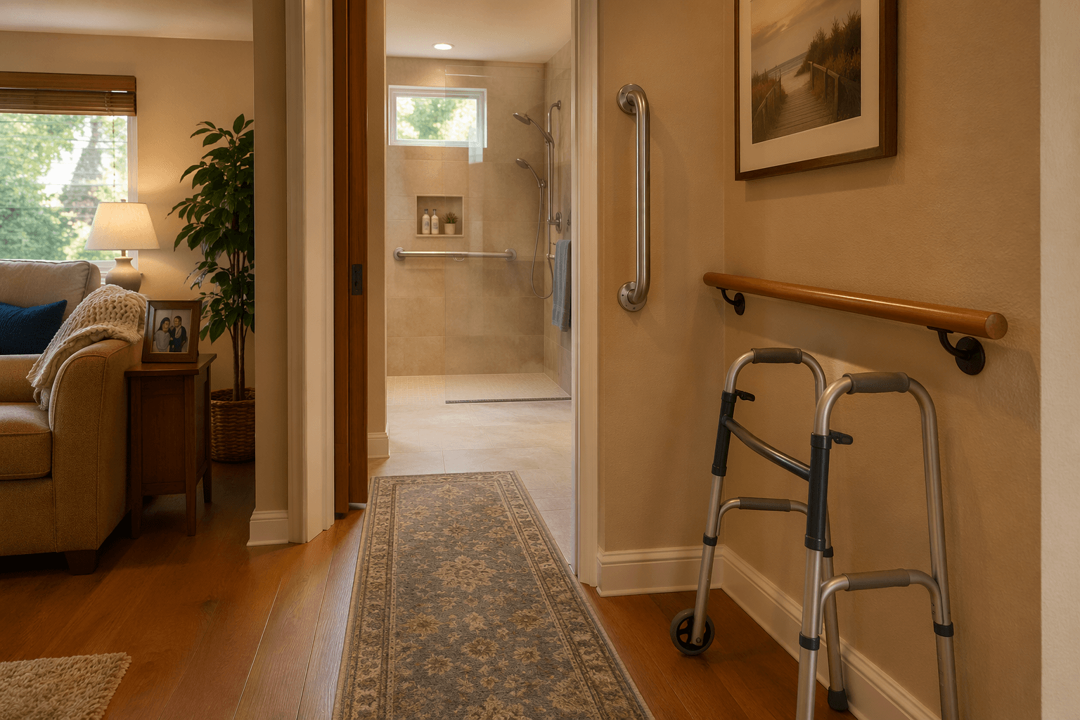 Warm photograph of a home hallway with senior safety modifications: a grab bar beside a doorway, a handrail along the wall, non-slip flooring, a walker, and a glimpse of a walk-in shower.