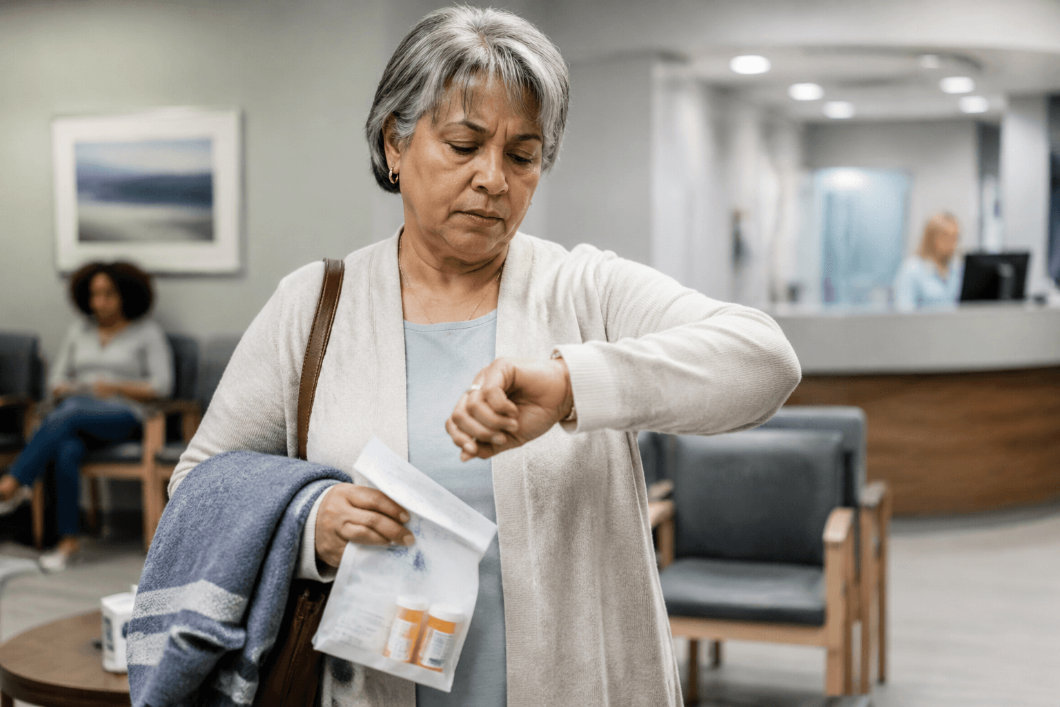 Caregiver sitting in a medical clinic waiting room with a prescription bag and checking her watch