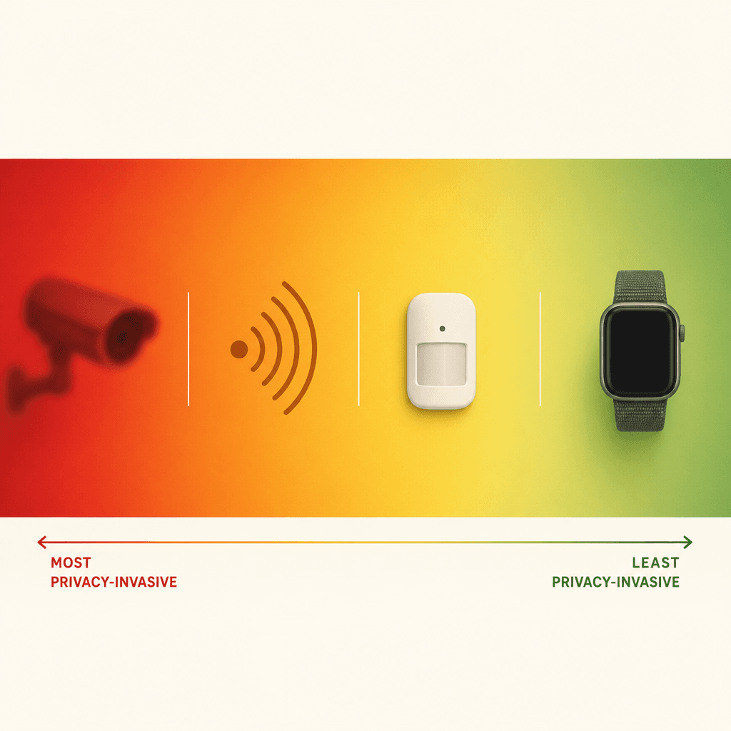 A horizontal spectrum gradient from red to green showing the privacy continuum of elderly monitoring: camera icon on the red end, radar-wave icon in orange, passive motion sensor in yellow, and wearable watch icon in green.