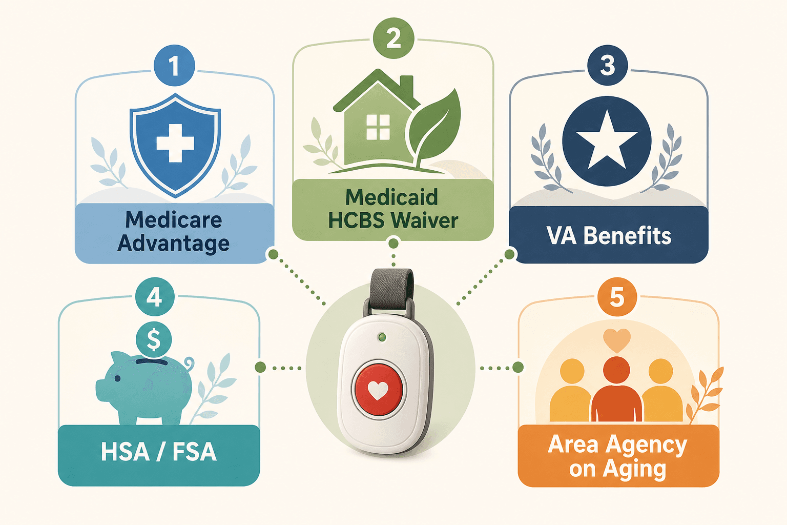 Flat-design illustration showing five financial coverage pathways for a personal emergency response device: Medicare Advantage, Medicaid HCBS Waiver, VA Benefits, HSA/FSA, and Area Agency on Aging, connected to a central wearable alert button.