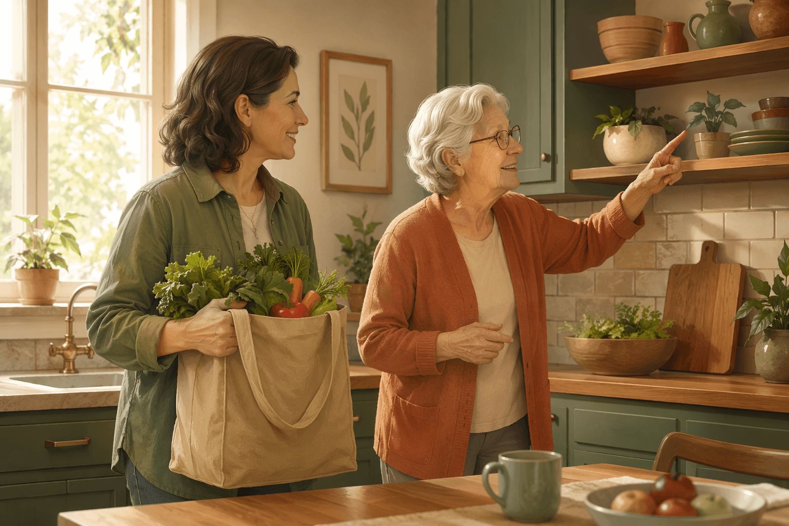 An adult child in their 40s and an elderly parent stand together in a home kitchen. The adult child holds a reusable grocery bag with fresh vegetables visible. The elderly parent smiles and points toward a shelf. Morning light fills the room. Warm earth tones of sage green, warm tan, and muted terracotta.