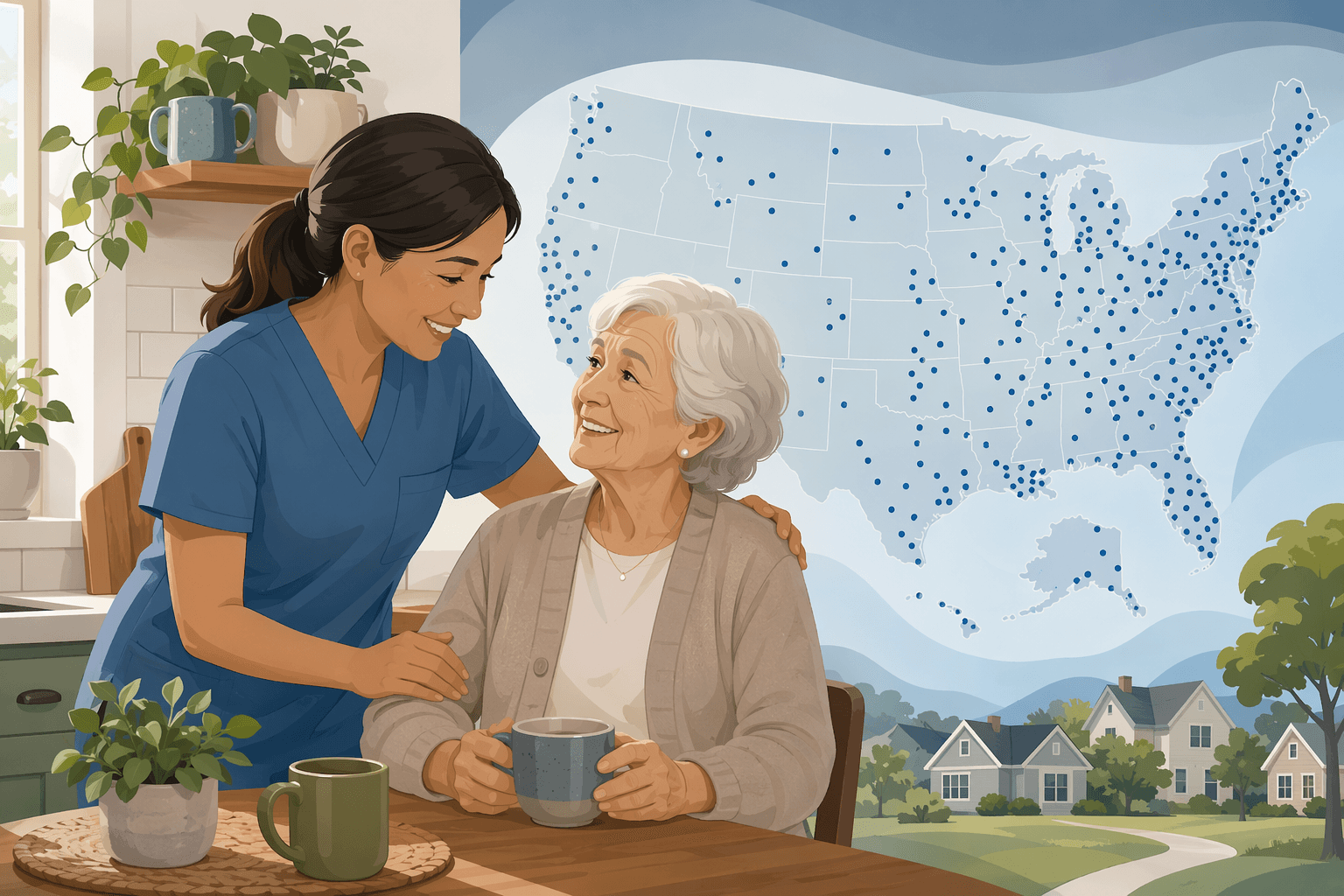 A warm vector illustration showing a female caregiver gently assisting an elderly woman in a cozy home kitchen, with a subtle stylized map of the United States dotted with many small location markers in the background, communicating a national network delivering local care.