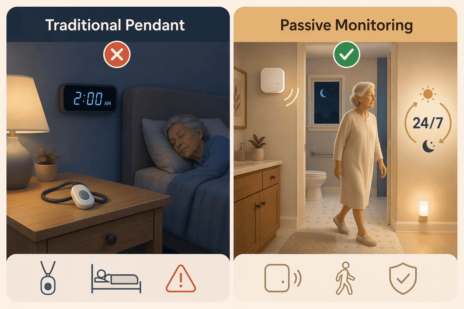 A two-panel comparison visual: left panel shows a pendant on a nightstand at 2 AM with a red X; right panel shows a wall sensor in a bathroom with a green checkmark for 24/7 coverage.