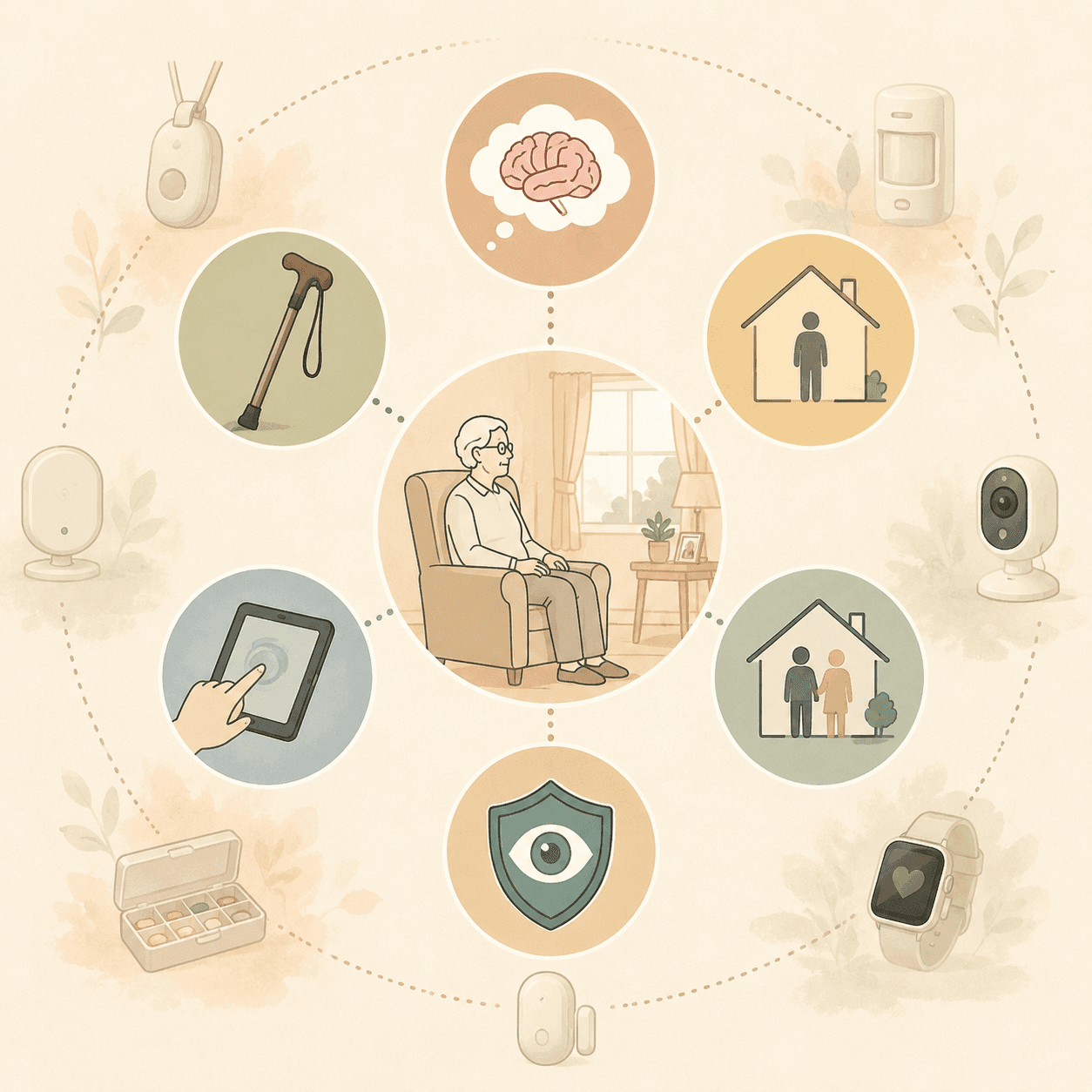 Older adult surrounded by factors for choosing a monitoring system including mobility, cognition, living arrangement, tech comfort, and privacy