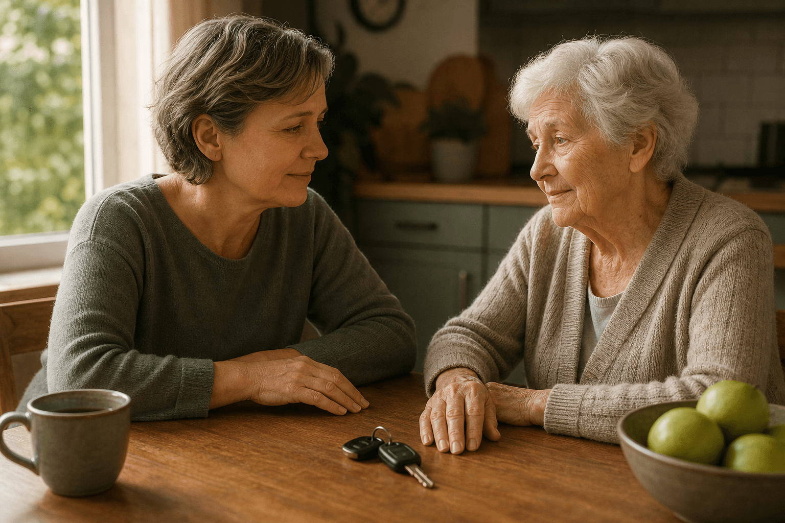 An adult child and an elderly parent with white hair sit at a warm kitchen table with car keys resting in the center between them, both leaning gently toward the keys without touching them.