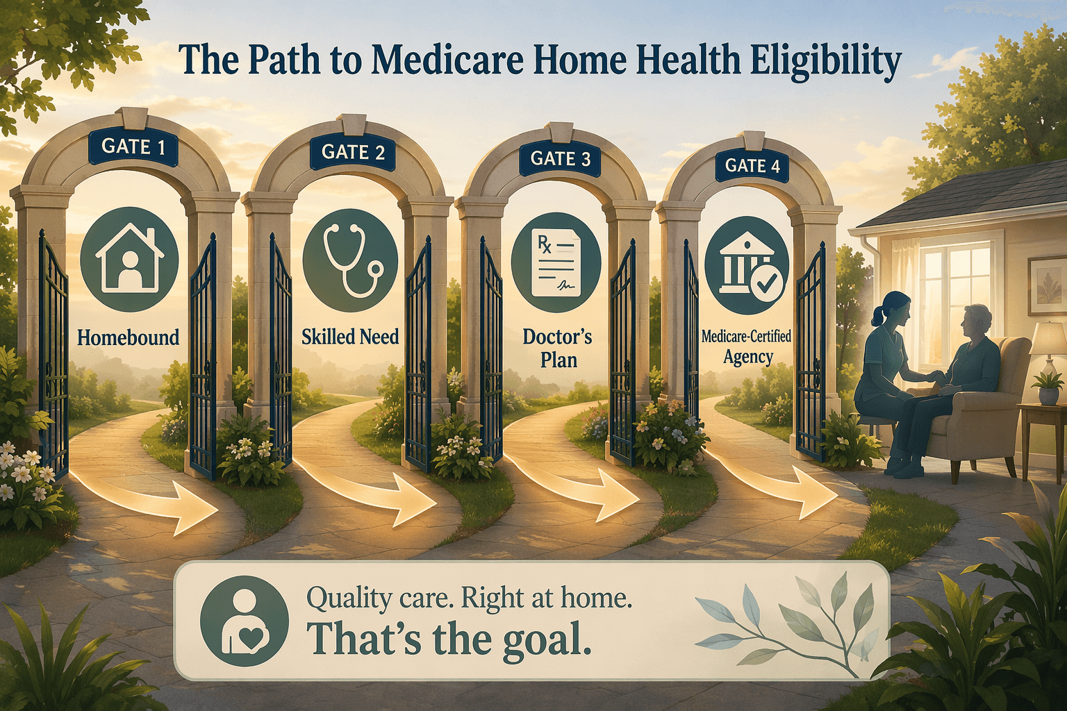 An explanatory diagram showing four sequential gateway icons — homebound (house with person), skilled need (medical symbol), doctor's plan (prescription pad), and Medicare-certified agency (building with checkmark) — arranged as a pathway with an arrow leading to a silhouette of a person receiving care at home.