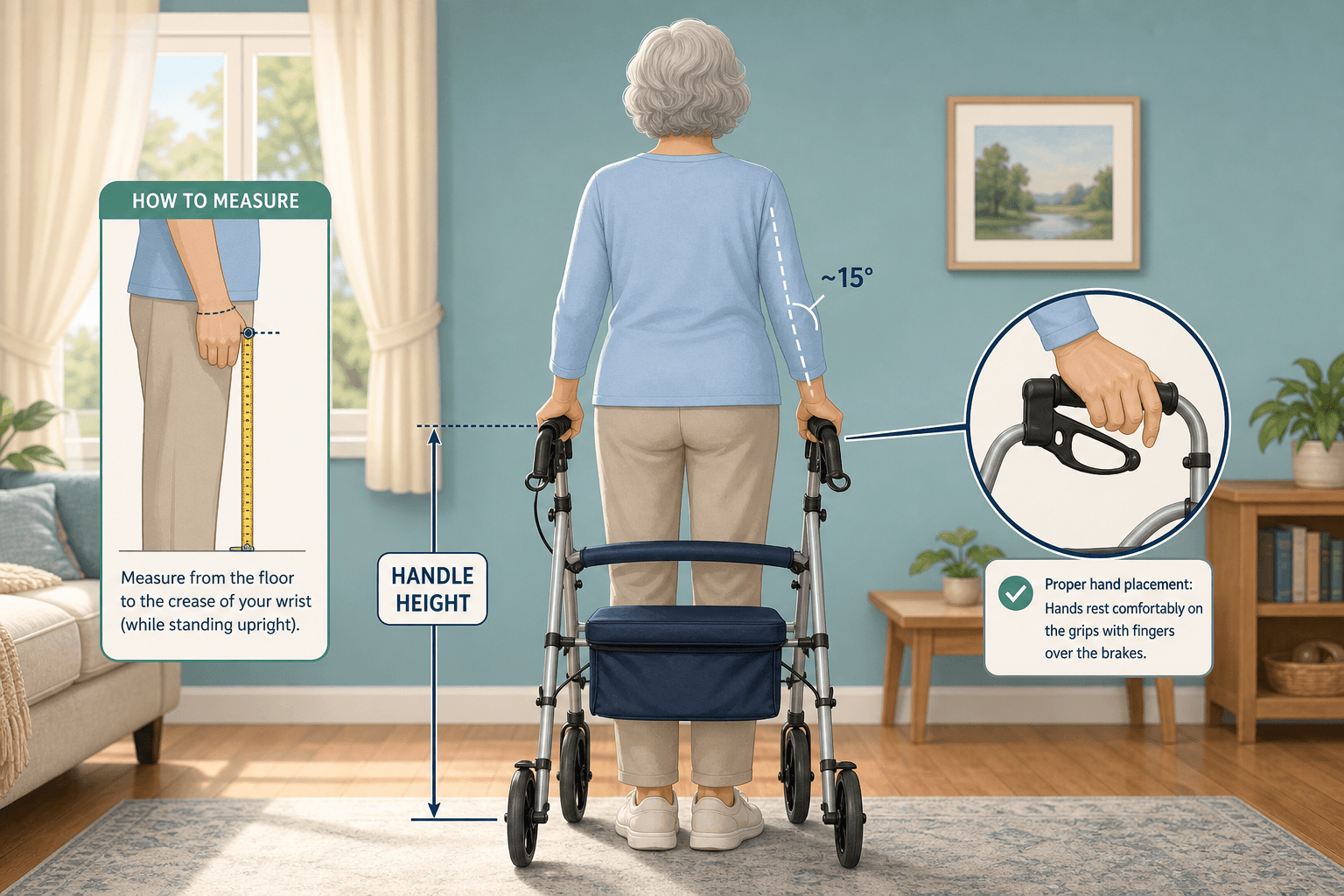 Flat vector illustration showing a senior standing inside a rollator with annotated measurement lines indicating handle height from floor to wrist crease, elbow bend at approximately 15 degrees, and a small inset diagram of a measuring tape.