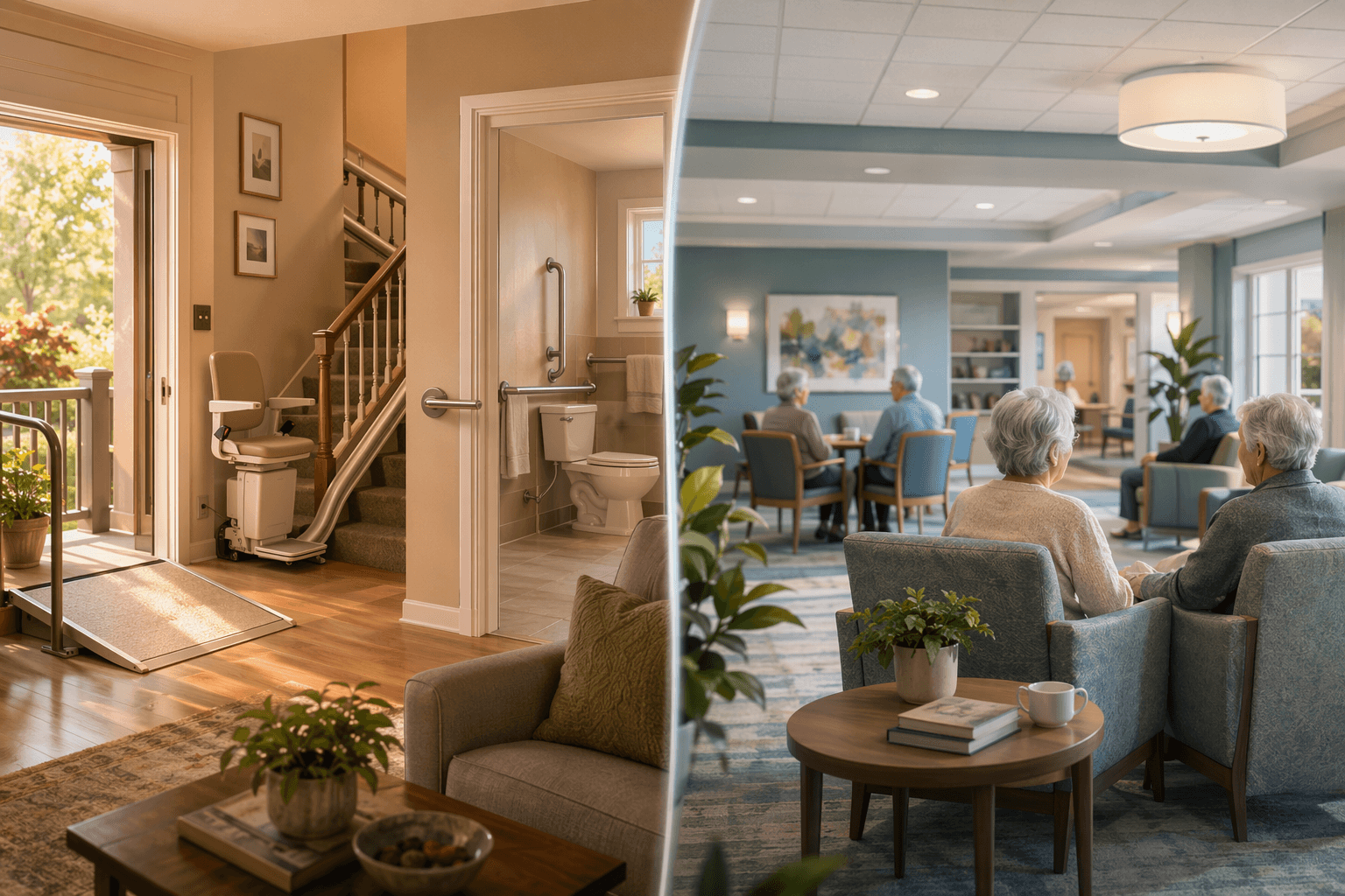 Split-view illustration comparing a warm modified home interior with aging-in-place features against an assisted living facility common area.