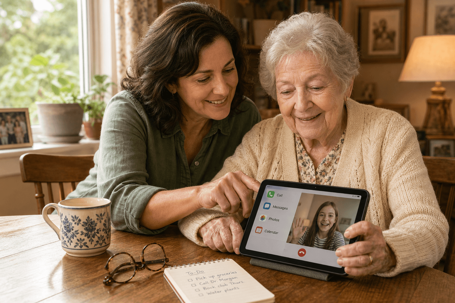 A middle-aged adult gently guiding an older parent's hand on a tablet at a wooden table, with tea mugs, reading glasses, and a notepad visible; the tablet screen shows a video call with a grandchild, soft natural lighting, warm earth tones.