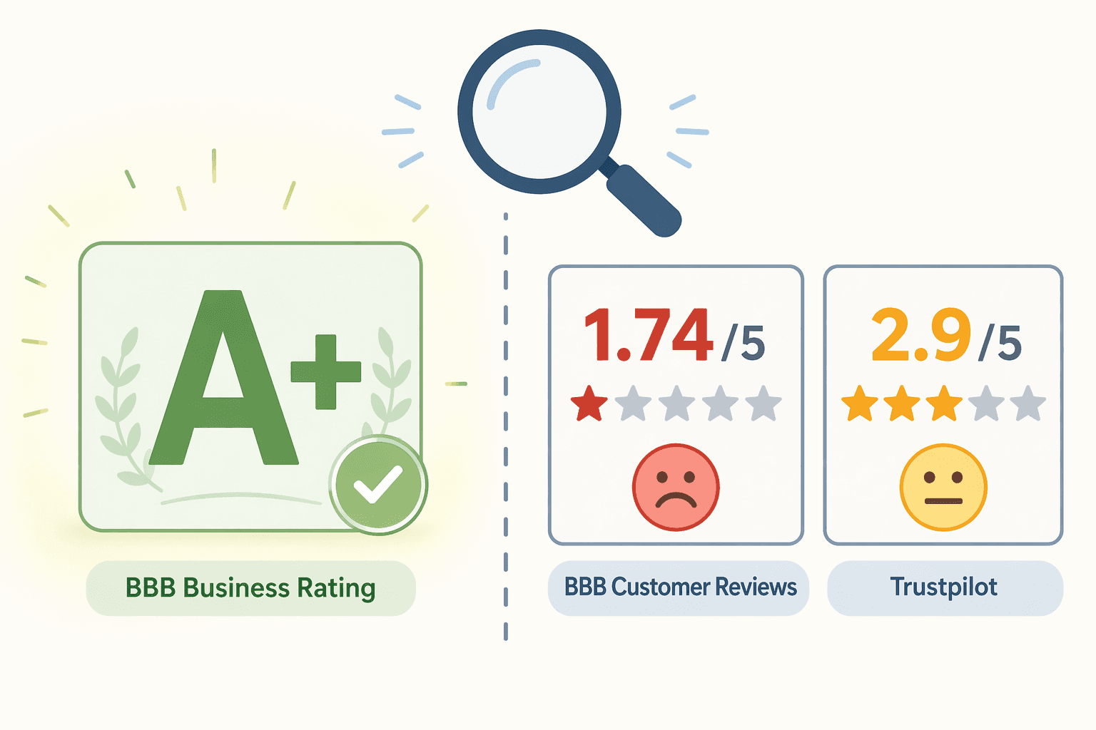 A flat vector illustration showing a large green A+ grade icon on the left labeled 'BBB Business Rating', and on the right two smaller rating boxes showing 1.74/5 in red labeled 'BBB Customer Reviews' and 2.9/5 in orange labeled 'Trustpilot'.
