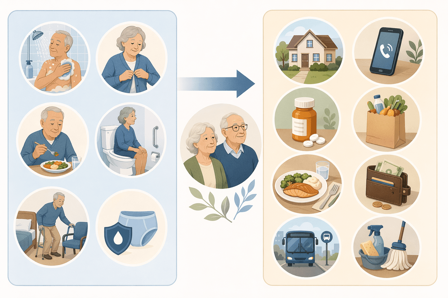 Two-column editorial illustration showing six ADL icons on the left (bathing, dressing, eating, toileting, transferring, continence) and eight IADL icons on the right (housekeeping, communication, medication, shopping, meal prep, finances, transportation, cleaning).