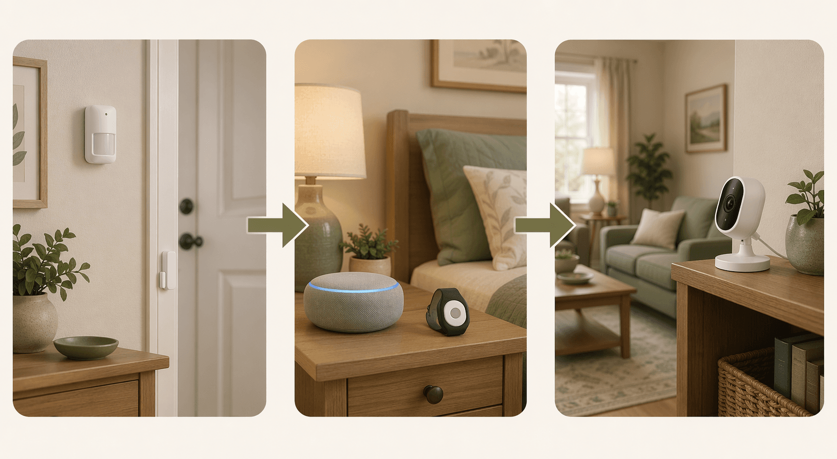 An editorial illustration showing a stepped progression of monitoring technology in a home setting: a small motion sensor near a doorway, a smart speaker and wearable button on a bedside table, and a camera on a shelf in a living room — with arrows moving left to right, conveying the concept of starting with minimal passive sensors before introducing cameras.