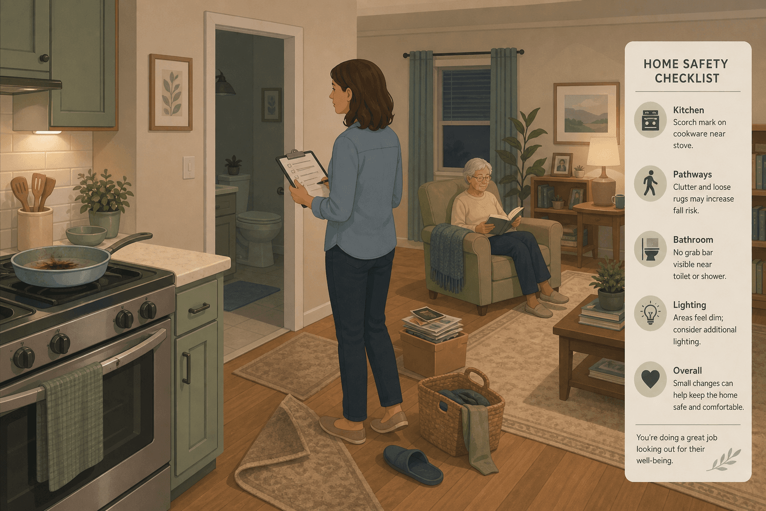 An adult child observing a kitchen counter with a scorched pan, a cluttered hallway with a loose rug, and a bathroom without a grab bar. An elderly parent sits reading in the background.