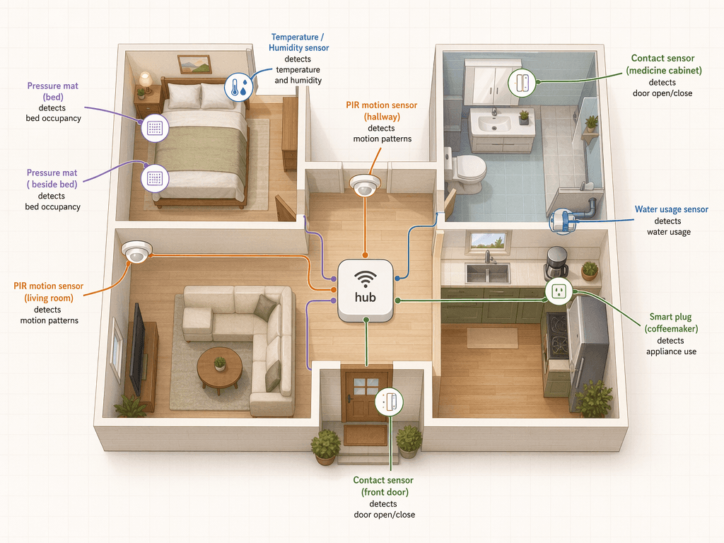 A top-down floor plan of a home showing the placement of various sensor types in each room, connected to a central smart hub.