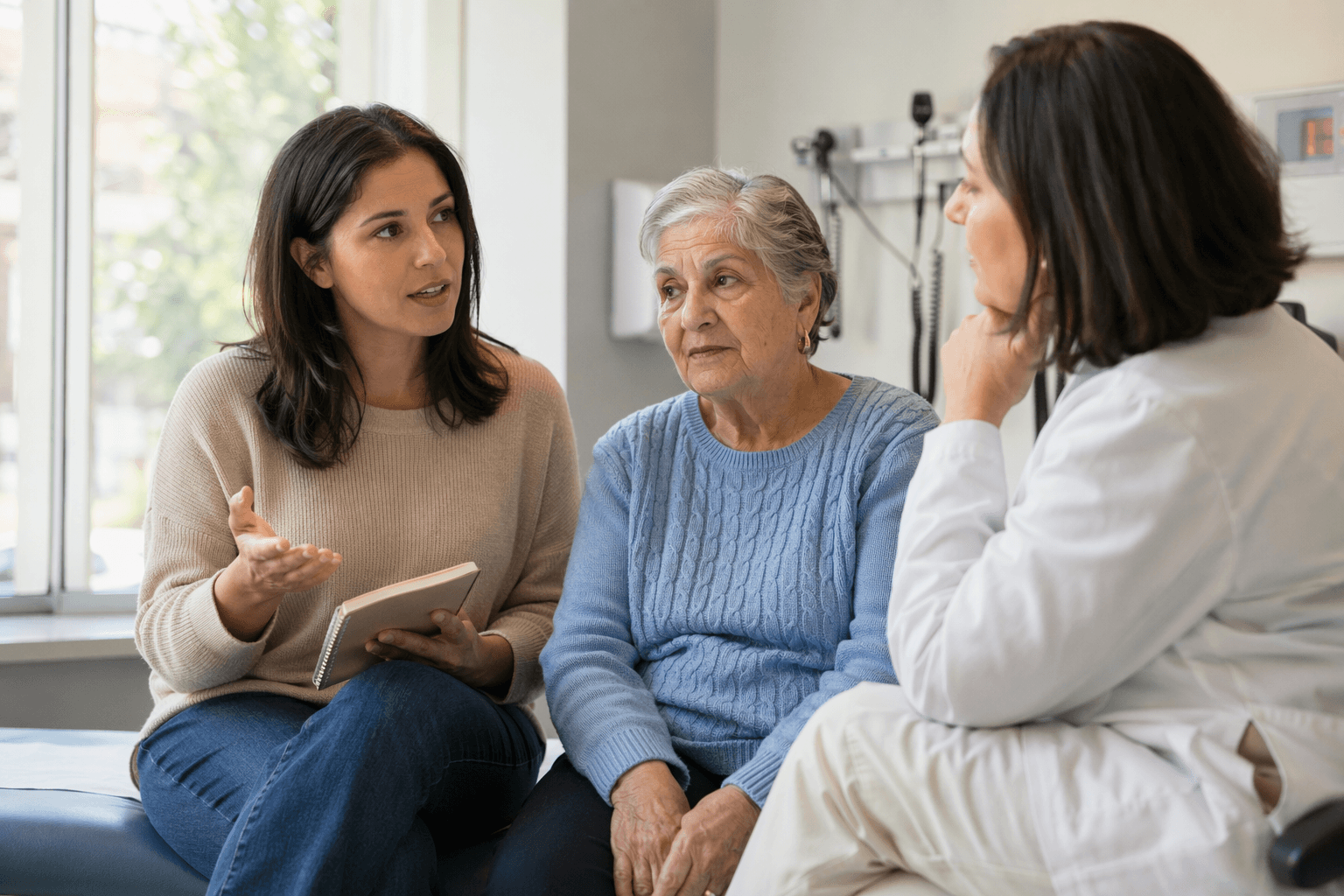 Adult daughter advocating for her elderly mother during a primary care visit