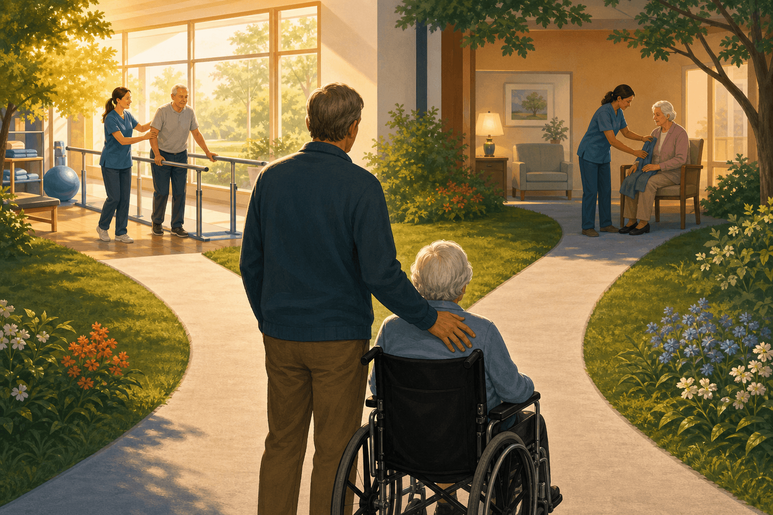 An adult child and their parent in a wheelchair at a crossroads, with one path leading to a bright rehabilitation scene and the other to a calmer care setting.