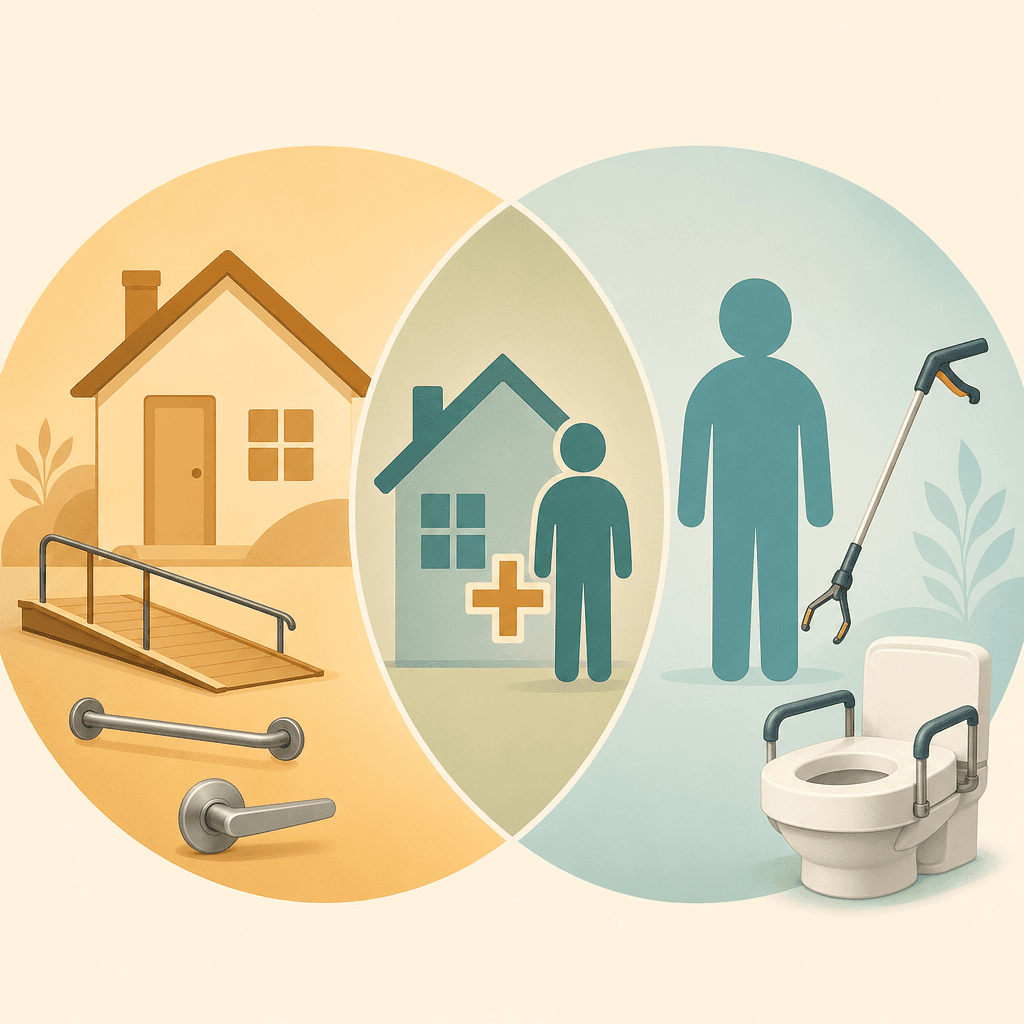 Editorial illustration with three sections: on the left, an abstract house icon with subtle home modification elements (ramp, grab bar, lever handle); on the right, a human figure silhouette with adaptive equipment elements (reacher tool, raised toilet seat); in the center, an overlapping section showing the house icon and person figure together with a plus sign.