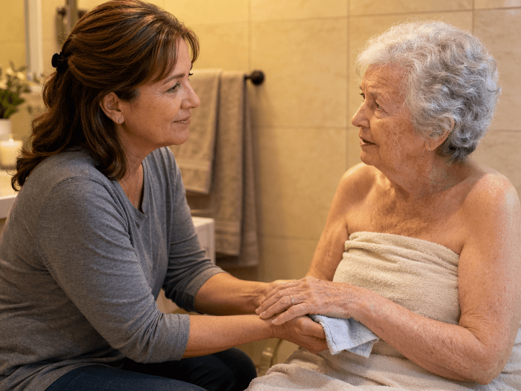 A warm, realistic illustration of a caregiver seated facing an older adult with dementia at eye level in a bathroom setting. The caregiver's hand is gently placed under the older adult's hand near a soft washcloth, demonstrating the hand-under-hand technique. The caregiver has a patient, reassuring expression while the older adult appears calm but slightly confused.
