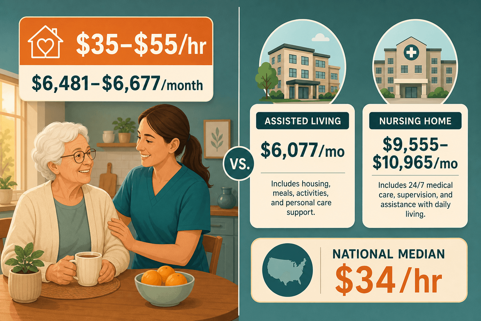 A split flat illustration comparing Home Instead Senior Care costs to assisted living and nursing home costs.