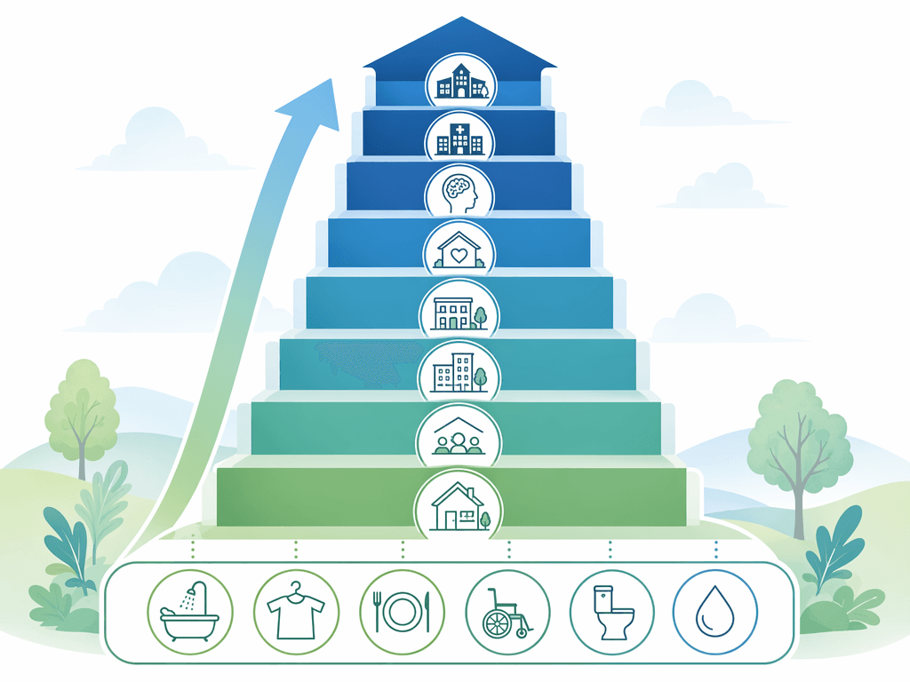 A staircase-style diagram with simple line icons at the bottom representing basic activities of daily living. Steps ascend upward and connect to icon outlines of various care settings, illustrating how increasing functional need maps to higher-acuity care types.