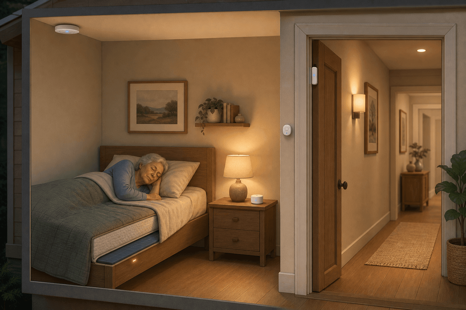 Cross-section illustration of a home bedroom and hallway showing multiple discrete sensor types including a pressure mat under a mattress, a PIR motion sensor puck on a wall, a door contact sensor on a door frame, a ceiling-mounted radar fall detection disc, and a small audio sensor on a nightstand.