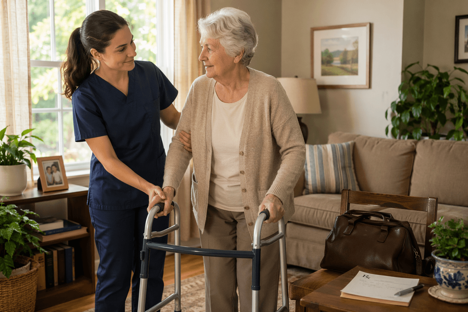 A home health nurse gently assisting an elderly woman in a sunlit living room, one hand on a walker and the other supporting the senior's arm, with a medical bag nearby and a prescription pad subtly visible on a side table.