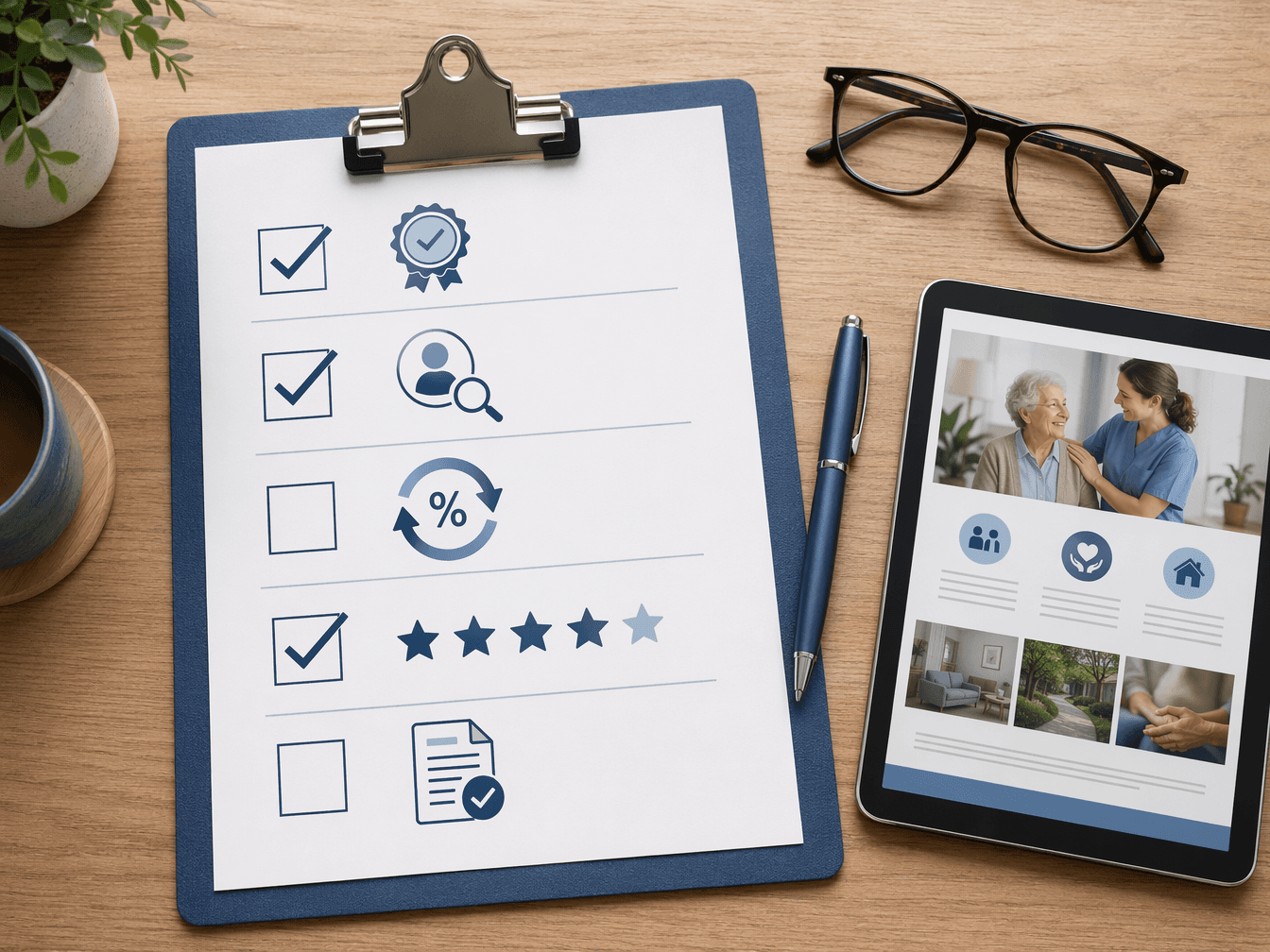 A flat-lay editorial illustration on a wooden desk showing a clipboard checklist with vetting icons alongside reading glasses, a pen, and a tablet.