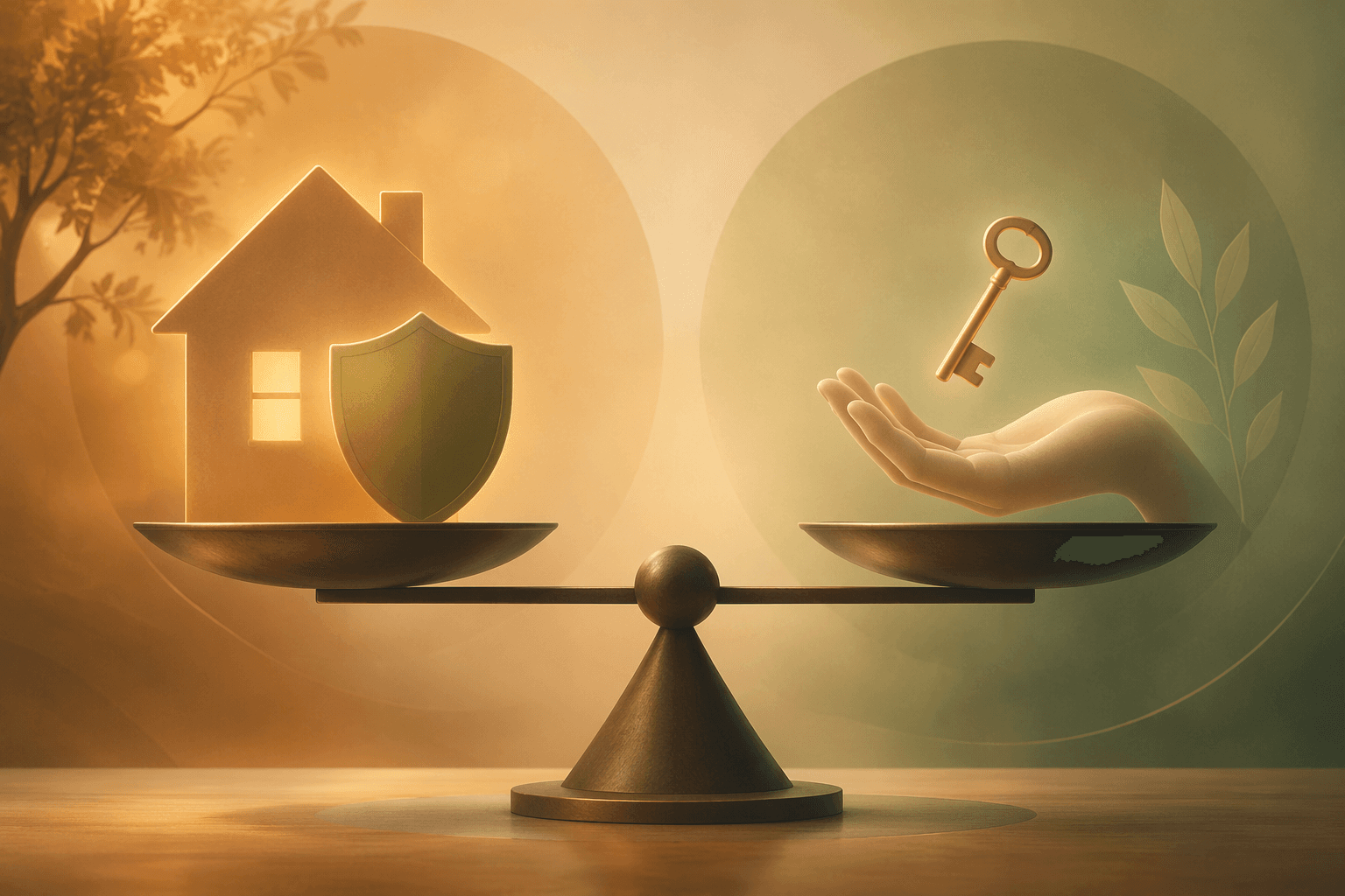 A conceptual balanced scale with a glowing house silhouette and shield on one side, and an open hand with a simple key on the other. The scale is level.