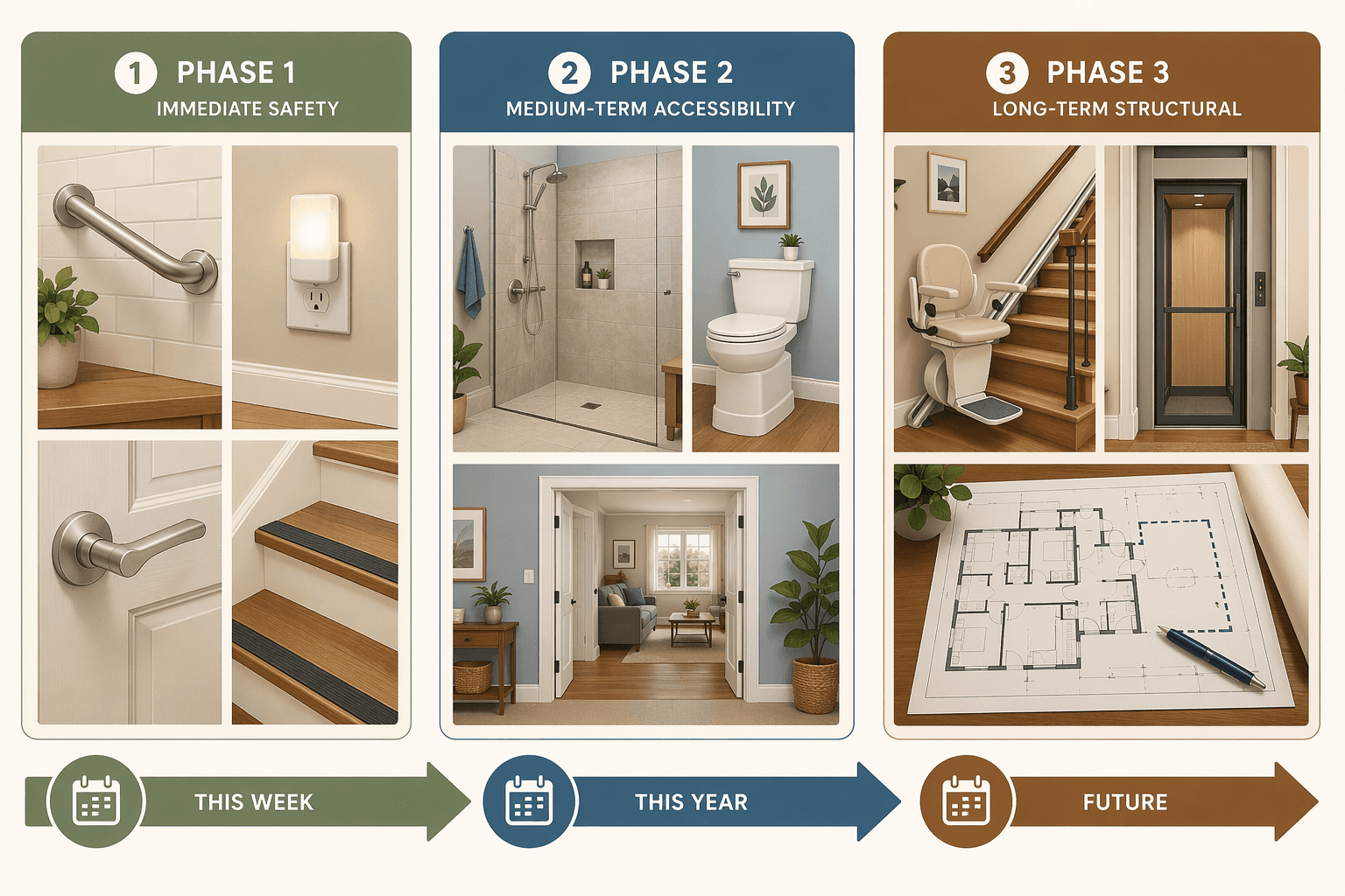 A horizontal three-phase timeline illustration. Left section (Phase 1: Immediate Safety) shows icons for a grab bar, night light, lever door handle, and anti-slip stair treads. Middle section (Phase 2: Medium-Term Accessibility) shows a curbless shower, raised toilet, and widened doorway icons. Right section (Phase 3: Long-Term Structural) shows a stair lift, home elevator shaft, and first-floor addition blueprint icons. A directional arrow connects all three phases. Modern flat illustration.
