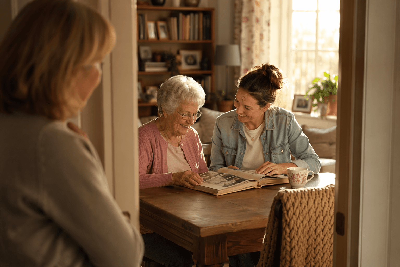 A middle-aged woman watches from a doorway as an elderly woman and a friendly companion sit at a wooden table looking at a photo album together, with warm afternoon light filling the room.