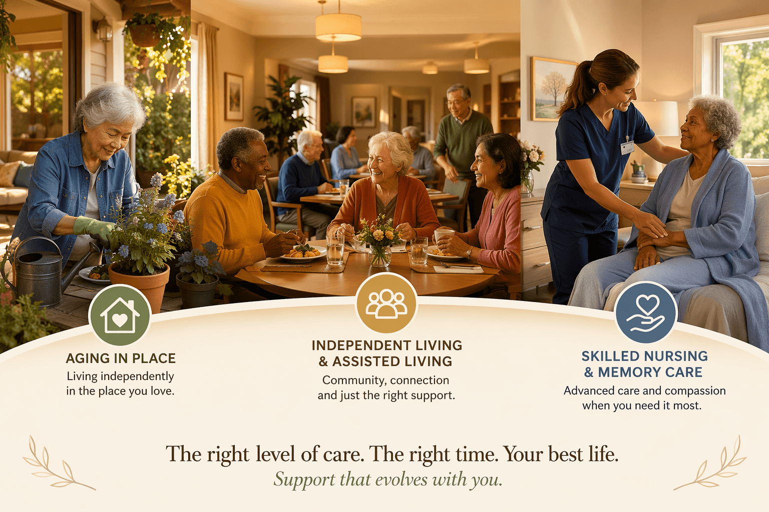 A horizontal illustration showing the continuum of senior care: a senior gardening at home, seniors chatting in a community dining room, and a caregiver assisting a senior in a bright room.