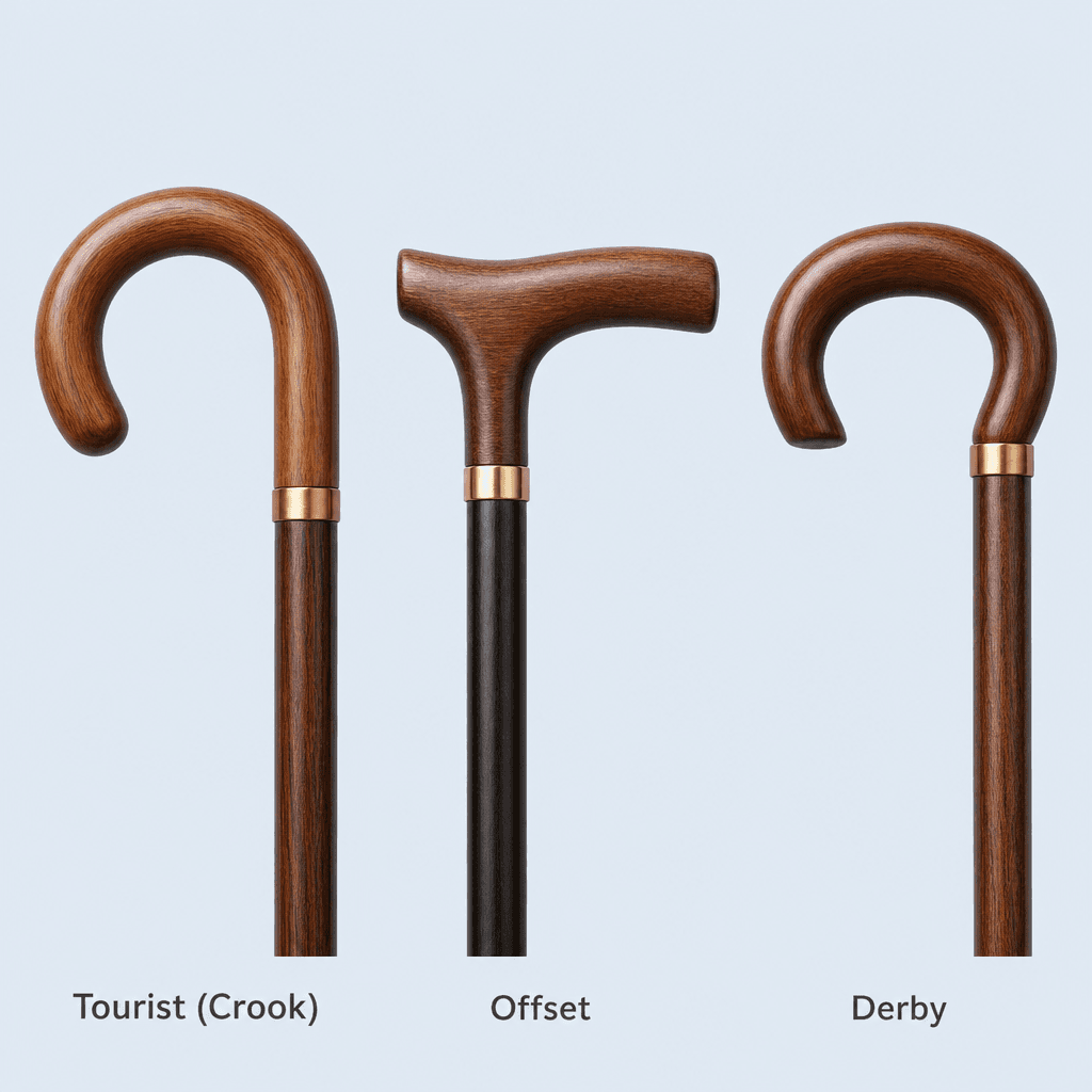 Three cane handle types arranged side by side: a rounded tourist/crook handle, an ergonomic offset handle with an angled grip, and a curved derby handle, each labeled with its name.
