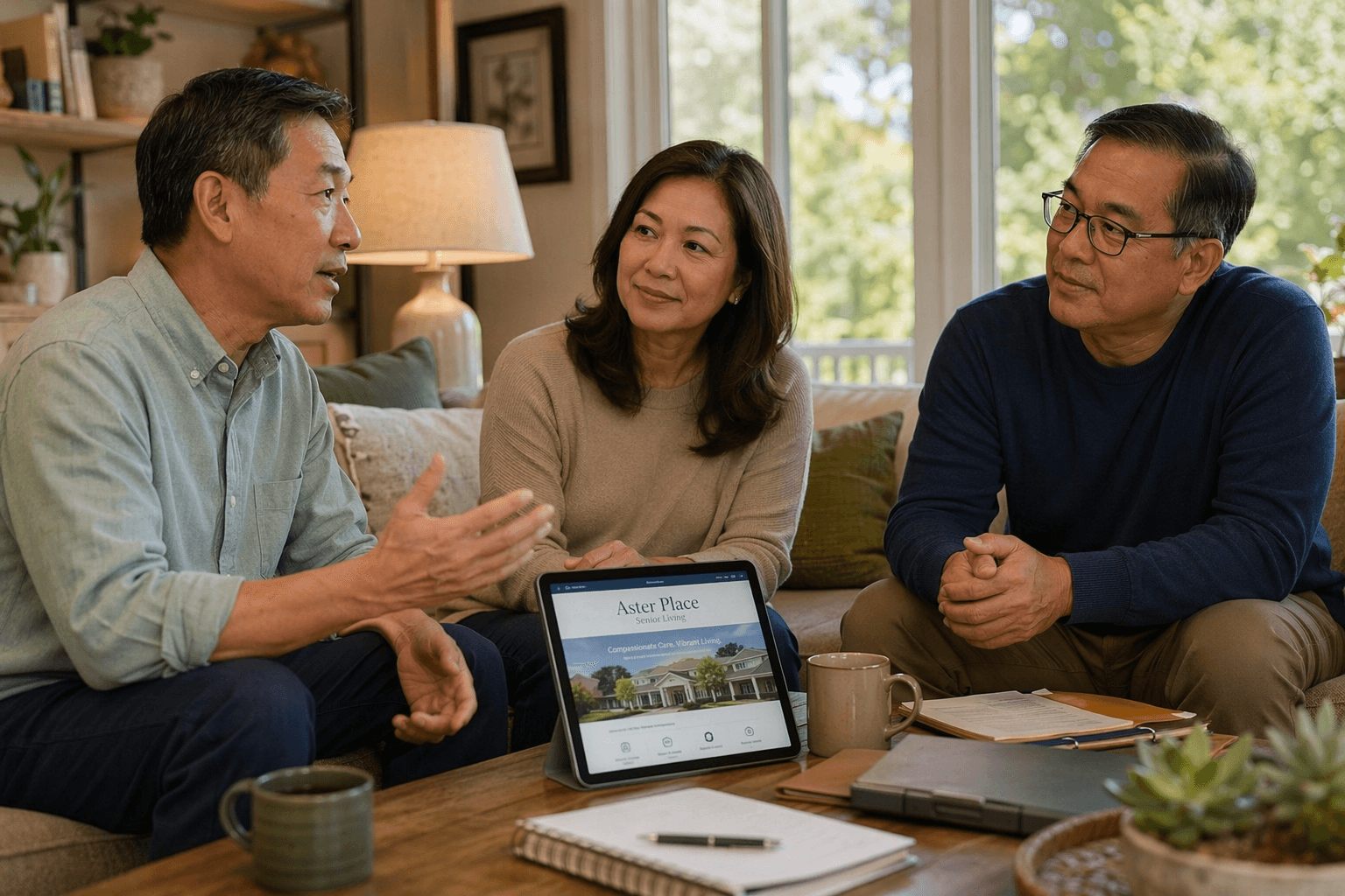 Three adult siblings in their 40s-50s seated around a coffee table in a bright living room having a calm, collaborative meeting. Notebooks and a tablet showing a care facility website are on the table.