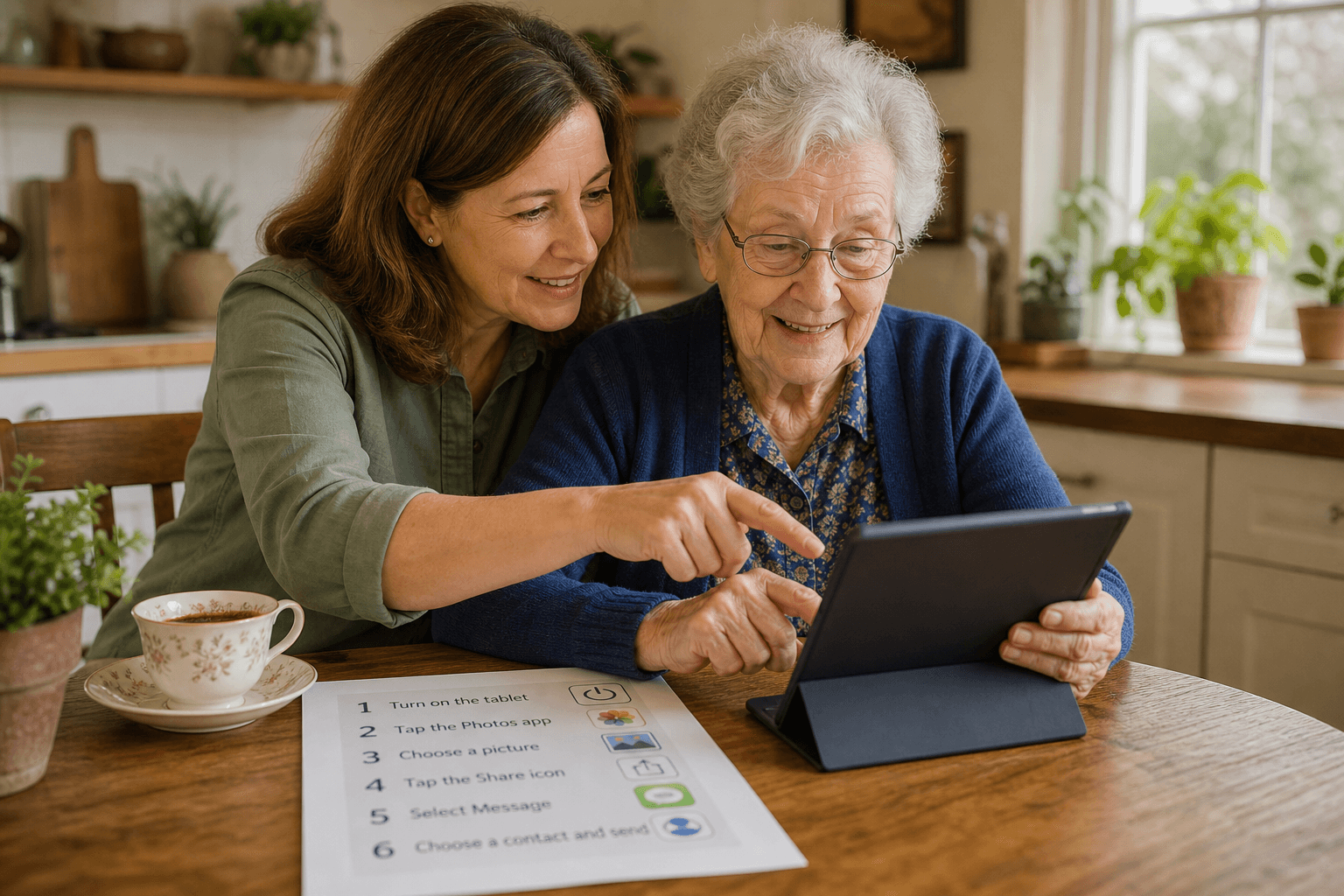 An adult child patiently guiding an older parent on a tablet at a kitchen table with a cup of tea and a large-print instruction sheet nearby.
