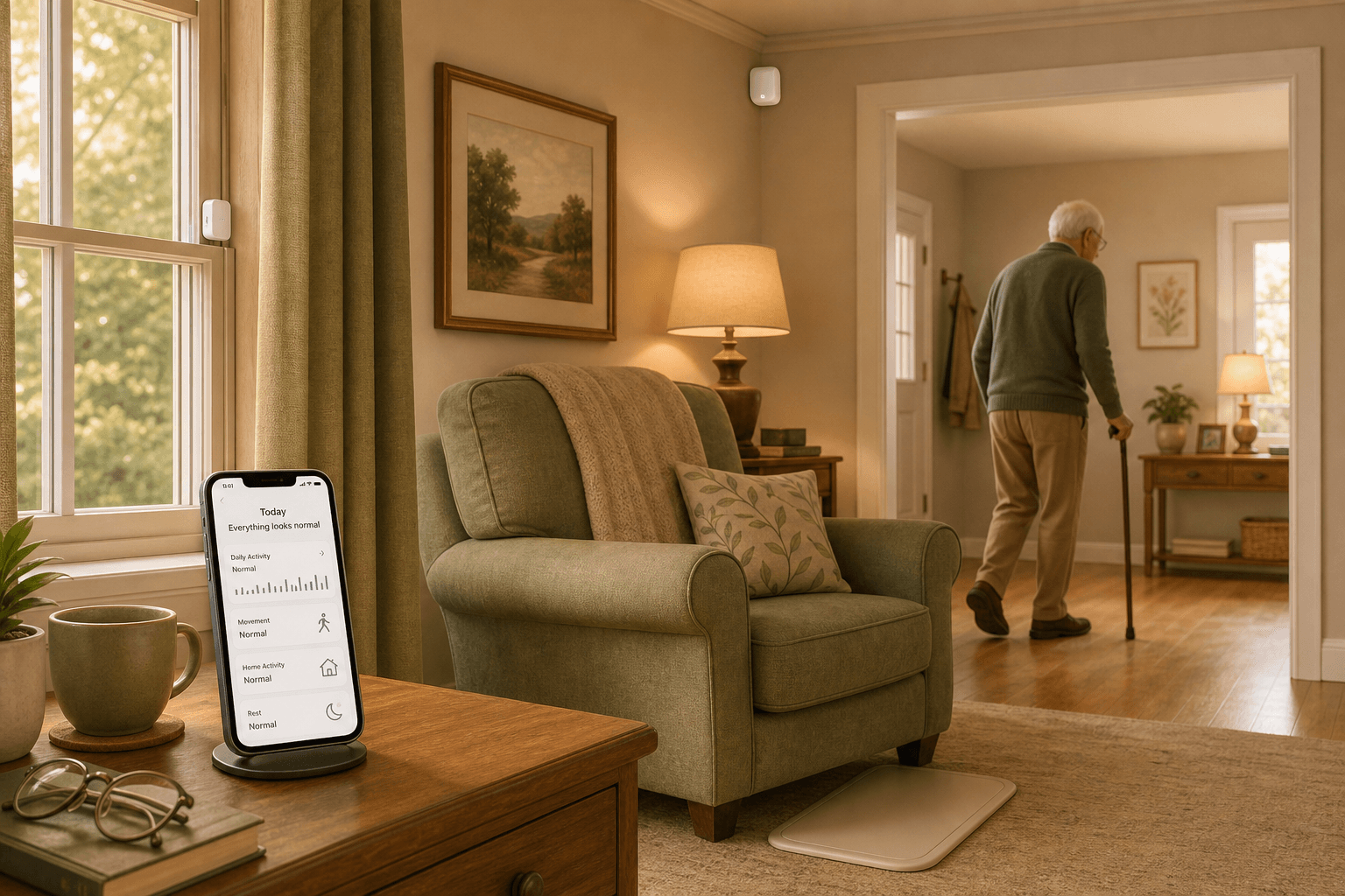A cozy living room with discreet white passive sensors mounted on a ceiling corner and windowsill, a floor pressure mat near an armchair, and a smartphone on a side table showing a daily activity dashboard. An older person walks slowly with a cane in the background. Warm amber and sage tones.
