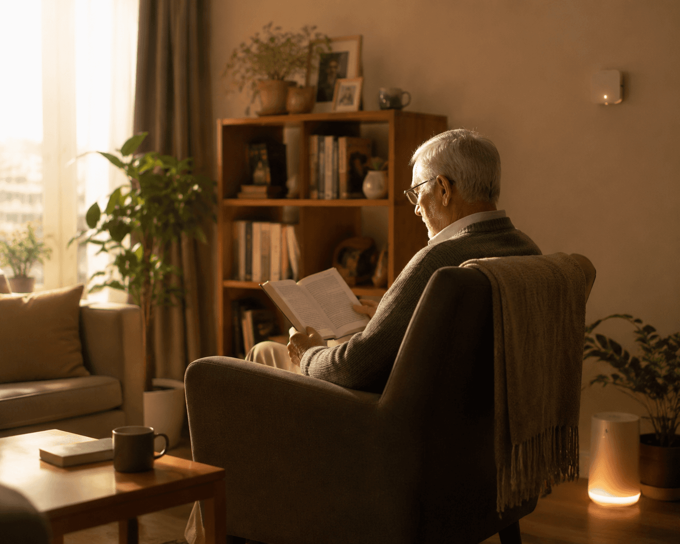 Older adult reading in a living room with subtle camera-free monitoring sensors