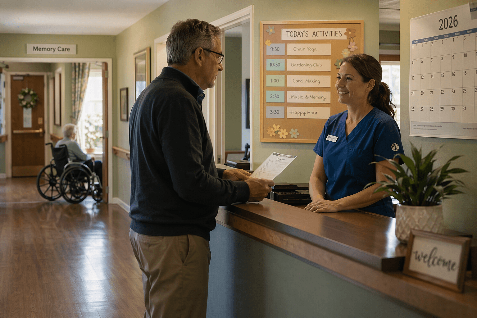 A middle-aged adult child holding papers speaks with a nurse at a nursing station, with an older resident in a wheelchair near a window in the background.