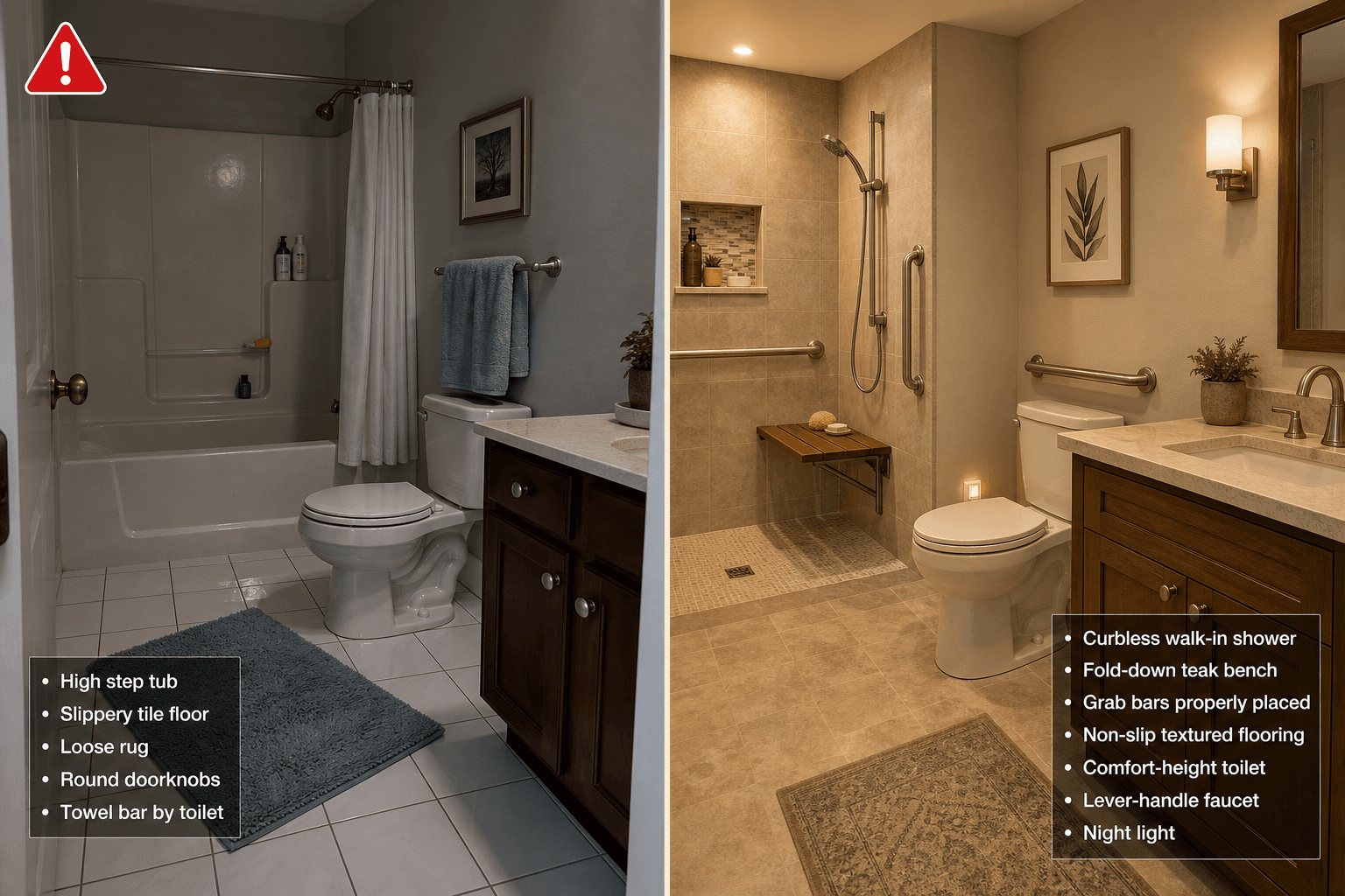 Split-view bathroom comparison: left side shows a hazardous traditional bathroom with a high-step tub, glossy tile floor, loose rug, and towel bar, with a hazard icon overlay; right side shows the same space remodeled with a curbless shower, fold-down teak bench, handheld showerhead, brushed nickel grab bars near toilet and shower, non-slip textured flooring, comfort-height toilet, lever faucet, warm lighting, and a night light.