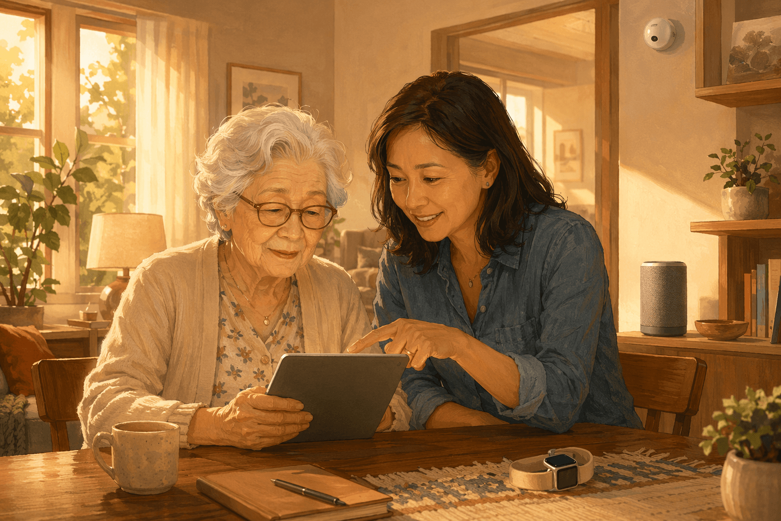 A warmly lit living room where an older woman sits at a table with a tablet while an adult child sits beside her, pointing gently at the screen. A motion sensor, smart speaker, and wearable device are visible in the background.
